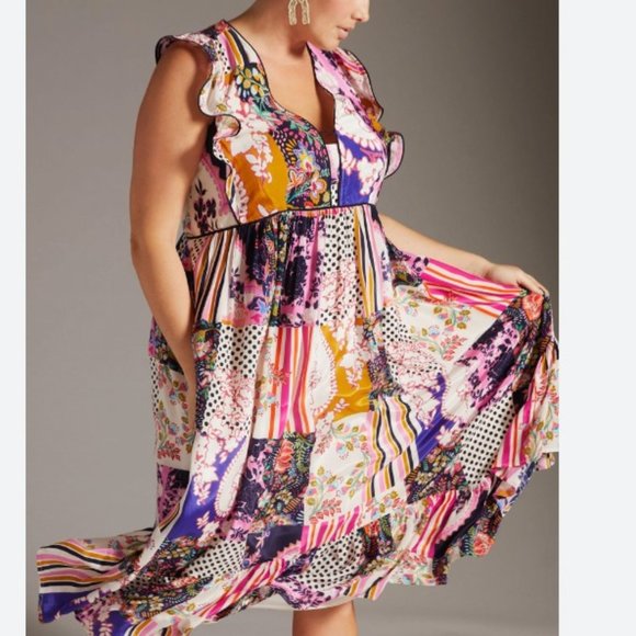Anthropologie Ruffled Patchwork Midi Dress - Picture 2 of 13